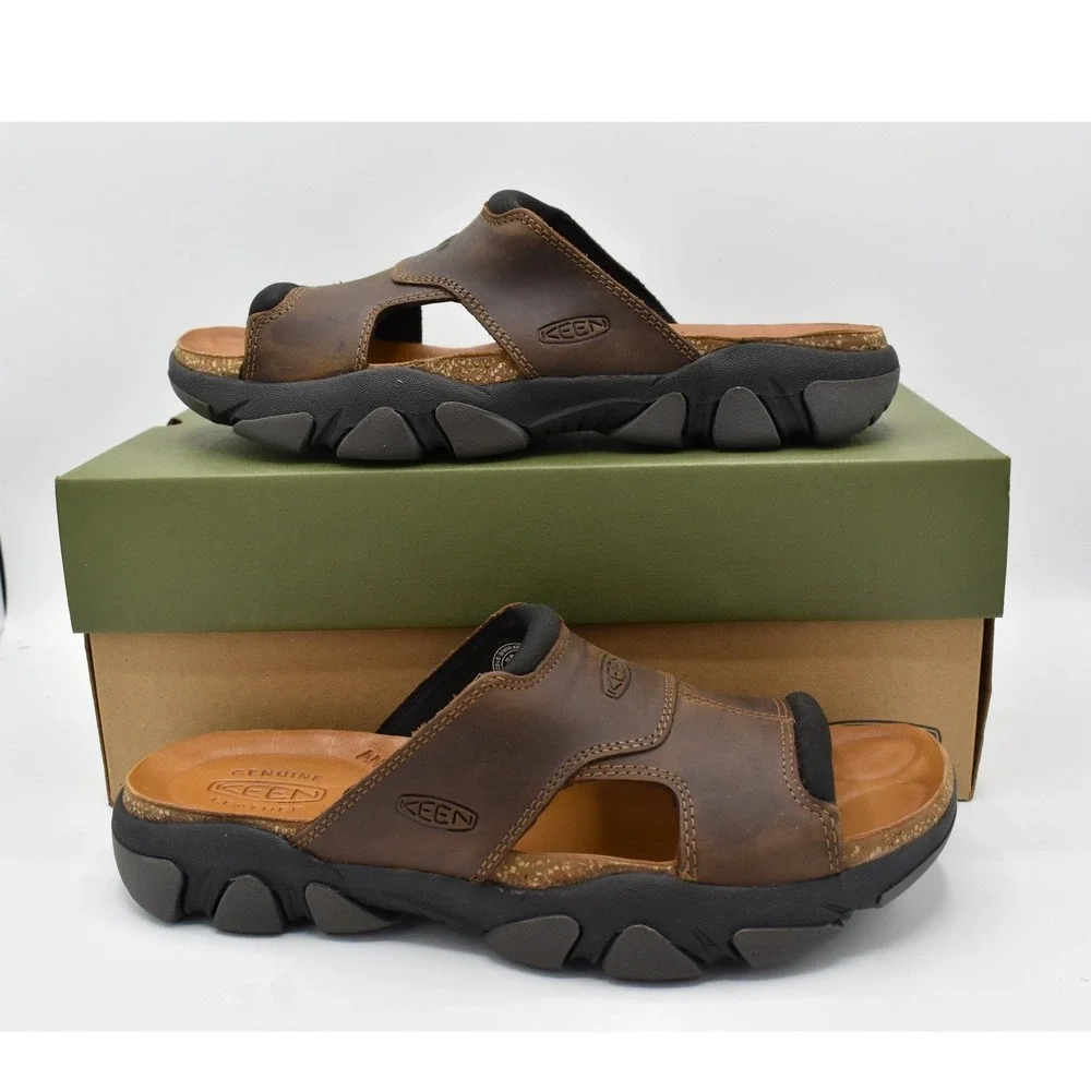Keen Mens Size 11.5 Daytona II Bison Brown Black Leather Slides Sandals Shoes